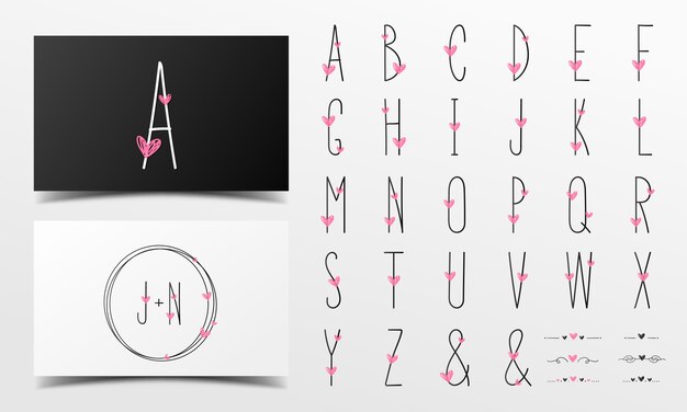 Schattig alfabet in handgeschreven stijl versierd met roze hart.