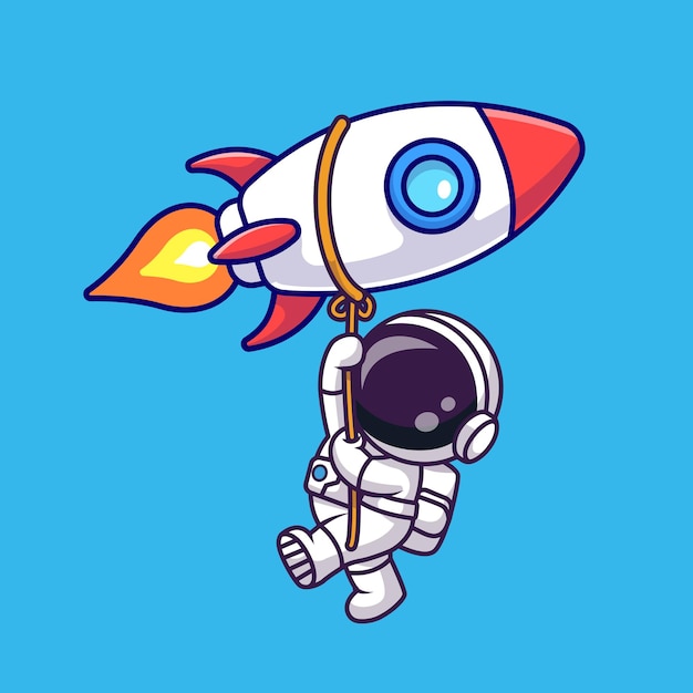 Gratis vector schattig astronaut hangend aan raket met touw cartoon vector pictogram illustratie wetenschap technologie plat