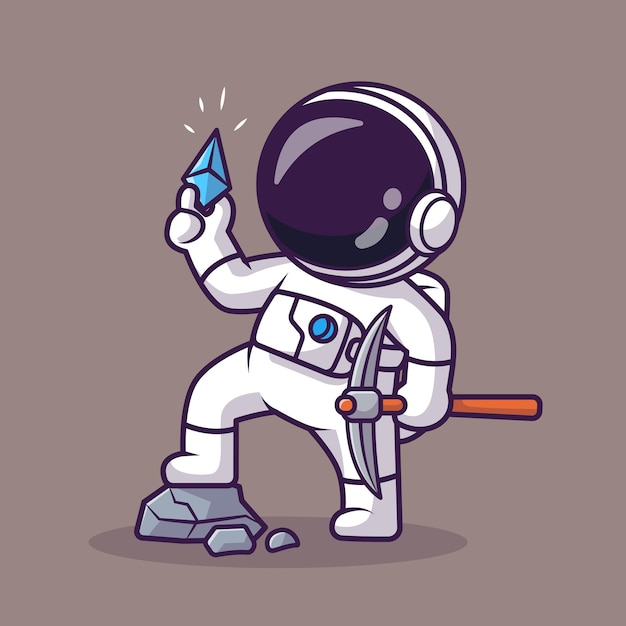 schattig, astronaut, mijnbouw, diamant, spotprent, vector, pictogram, illustratie, wetenschap, financiën, pictogram, concept, geïsoleerde