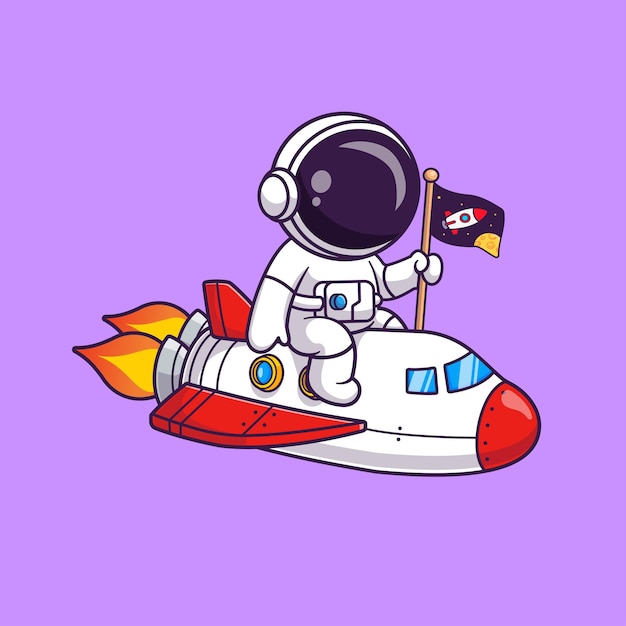 Gratis vector schattig astronaut rijdend vliegtuig met raketvlag in de ruimte cartoon vector icon illustration science flat