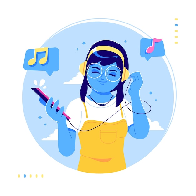 Schattig blauw karakter luisteren muziek illustratie