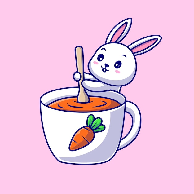 Gratis vector schattig konijn mengen wortel in cup cartoon vectorillustratie pictogram. dierlijke drank pictogram geïsoleerd plat