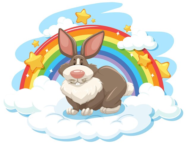 Gratis vector schattig konijn op de wolk met regenboog