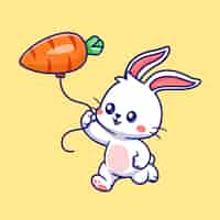 Gratis vector schattig konijn spelen met wortel ballon cartoon vectorillustratie pictogram. dierlijke vakantie geïsoleerd