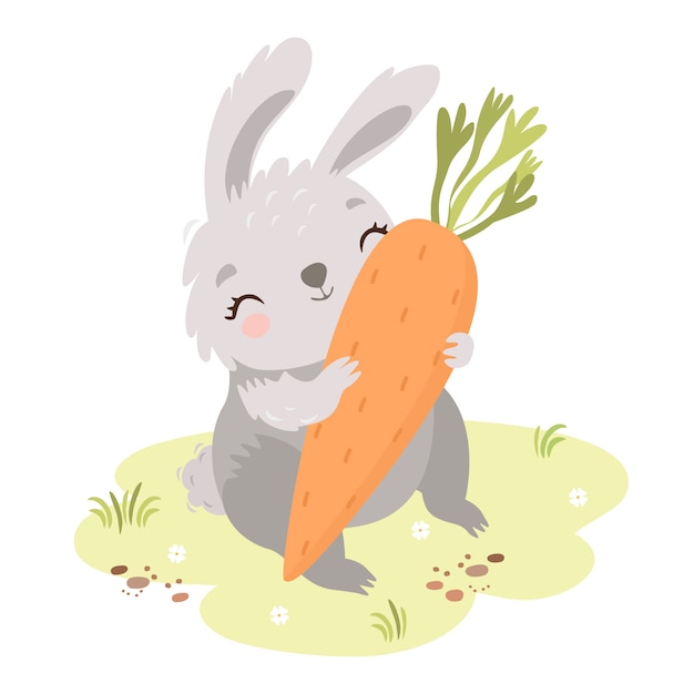 Gratis vector schattig konijntje in de weide met wortel