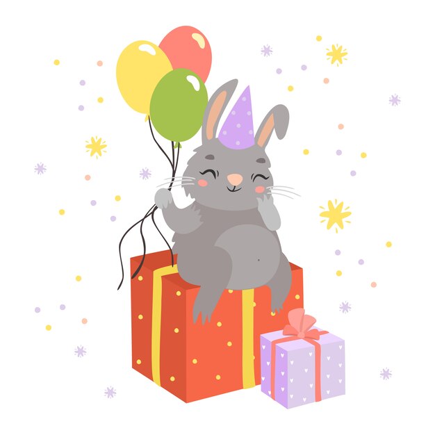 Gratis vector schattig konijntje met geschenken en ballonnen