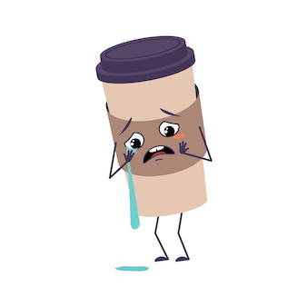 Schattig kopje koffie karakter met huilen en tranen emoties, gezicht, armen en benen.