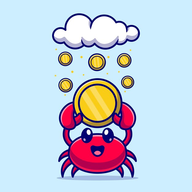 Schattig krab met gouden munt Cartoon vectorillustratie pictogram. Dierlijke pictogram bedrijfsconcept geïsoleerde Premium Vector. Platte cartoonstijl