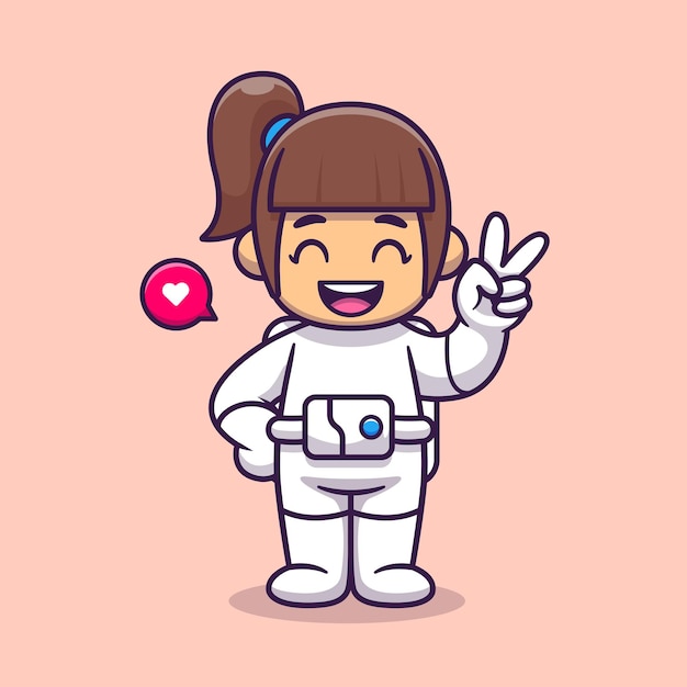 Schattig meisje astronaut met vrede Hand Cartoon vectorillustratie pictogram. Mensen wetenschap pictogram Concept geïsoleerd Premium Vector. Platte cartoonstijl