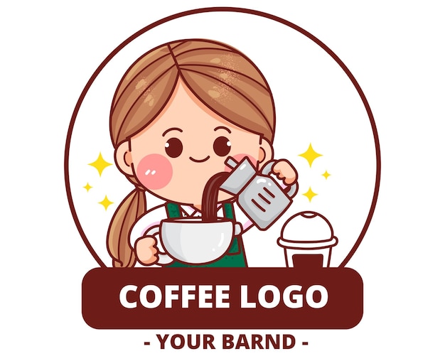 Schattig meisje coffeeshop logo hand getekende cartoon kunst illustratie