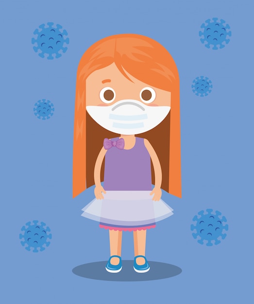 Schattig meisje met gezichtsmasker met deeltjes covid 19 illustratie ontwerp