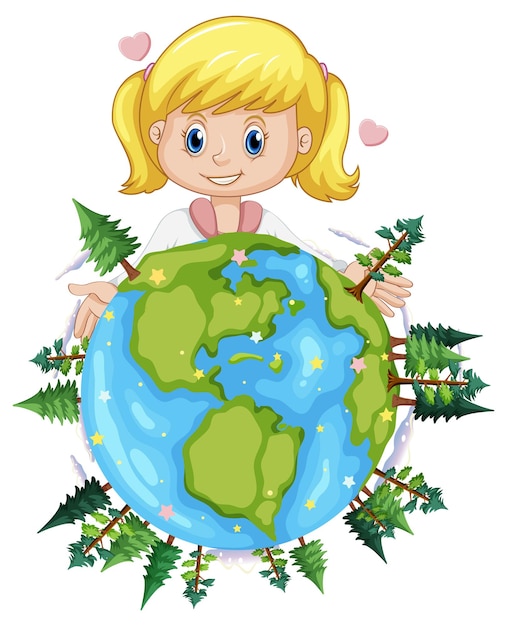 Gratis vector schattig meisje op aarde planeet cartoon