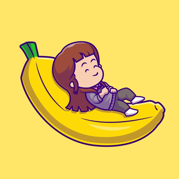 Schattig meisje slapen op bananen Cartoon vectorillustratie pictogram. Mensen Fruit Pictogram Concept Geïsoleerd Premium Vector. Platte cartoonstijl