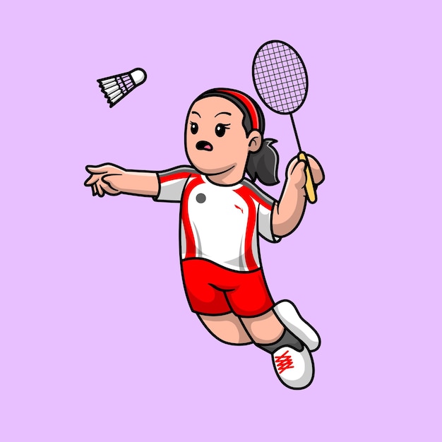 Schattig meisje spelen Badminton Cartoon vectorillustratie pictogram. Mensen Sport Pictogram Concept Geïsoleerde Premium Vector. Platte cartoonstijl