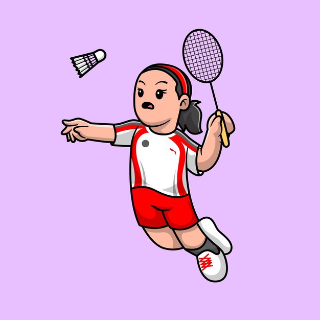 Schattig meisje spelen Badminton Cartoon vectorillustratie pictogram. Mensen Sport Pictogram Concept Geïsoleerde Premium Vector. Platte cartoonstijl