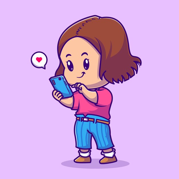 Schattig meisje spelen SmartPhone Cartoon vectorillustratie pictogram. Mensen technologie pictogram Concept geïsoleerd Premium Vector. Platte cartoonstijl