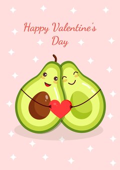 Schattig paar helften van een avocado knuffelen en houden een hart illustratie van valentijnsdag