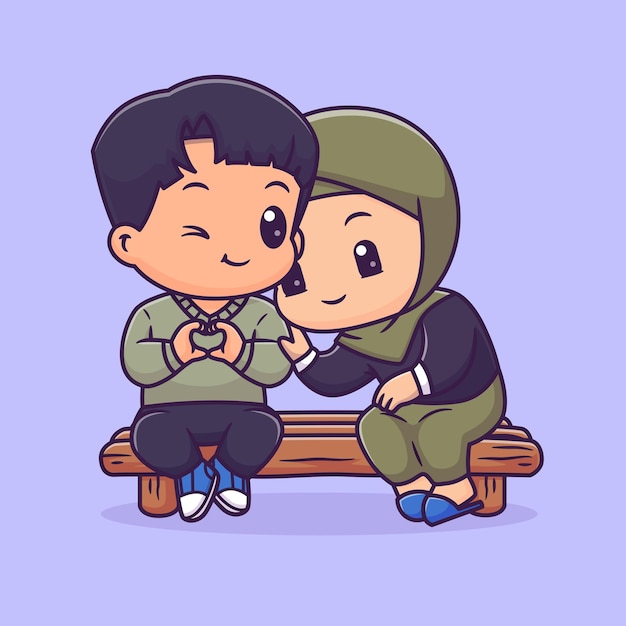 Gratis vector schattig paar jongen en meisje hijab zitten samen cartoon vector pictogram illustratie mensen vakantie plat