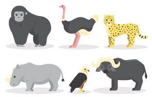 Gratis vector schattig wild dier met gorilla struisvogel luipaard neushoorn hawk en stier hand tekening in stripfiguren op witte achtergrond vectorillustratie