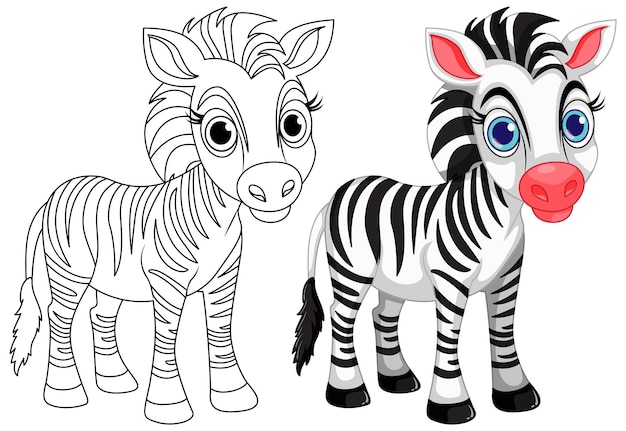 Schattig zebra-tekenfilmdier en zijn doodle-kleurkarakter