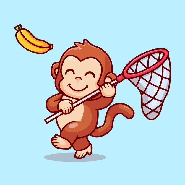 Schattige aap vangen banaan met visnet Cartoon vectorillustratie pictogram. Dierlijke natuur icoon