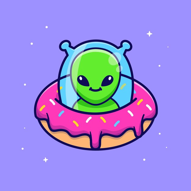 Schattige Alien Rijden Donut Ufo Cartoon Vector Pictogram Illustratie Wetenschap Voedsel Pictogram Concept Geïsoleerd