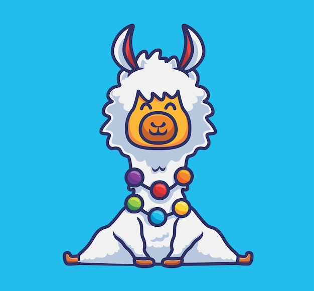 Schattige alpaca zittend met kleurrijke ketting. cartoon dierlijke natuur concept geïsoleerde illustratie. vlakke stijl geschikt voor sticker icon design premium logo vector. mascotte karakter