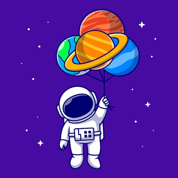 Schattige astronaut drijvend met planeet ballonnen in de ruimte cartoon pictogram illustratie. technologie wetenschap pictogram geïsoleerd. platte cartoon stijl