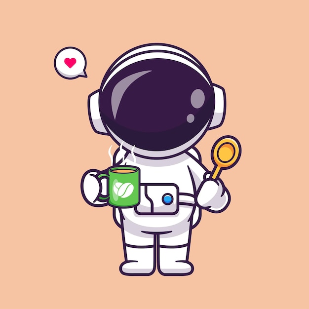 Gratis vector schattige astronaut koffie drinken met lepel cartoon vector pictogram illustratie wetenschap drinken geïsoleerd