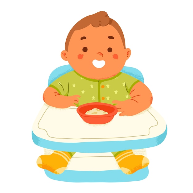 Gratis vector schattige baby eet aanvullende voedingspuree in kinderstoel