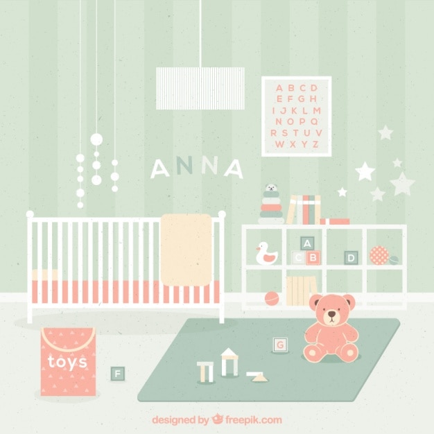 Gratis vector schattige baby kamer met speelgoed in pastelkleuren