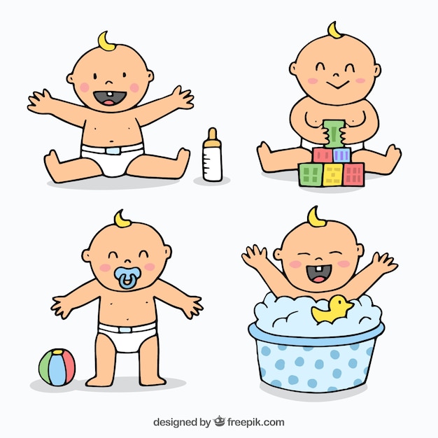 Gratis vector schattige baby's collectie in de hand getrokken stijl