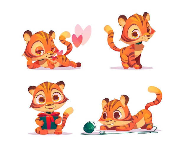 Gratis vector schattige baby tijger karakter in verschillende poses. set cartoon chat-bot, grappige kitten flirt, geschenkdoos vasthouden en speelt met schoothoek. creatieve emoji-set, dierenmascotte