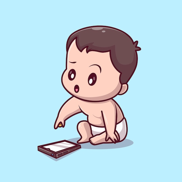 Schattige babyjongen spelen telefoon cartoon vectorillustratie pictogram. mensen technologie pictogram geïsoleerd plat