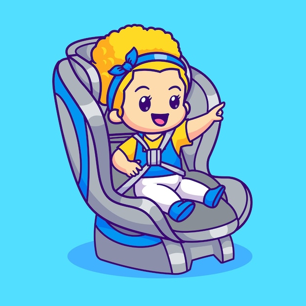 Gratis vector schattige babymeisje zitten op autostoel cartoon vector pictogram illustratie. mensen vervoer geïsoleerd plat