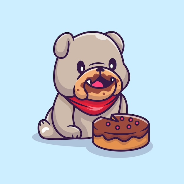 Schattige Bulldog eten taart Cartoon vectorillustratie. Animal Food Concept geïsoleerde Vector. Flat Cartoon stijl