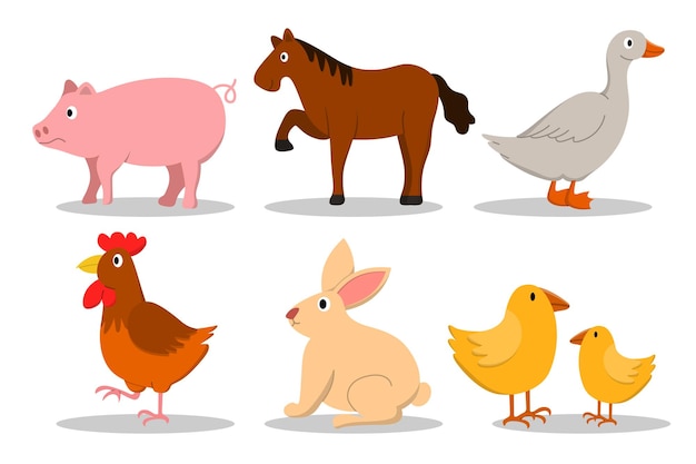 Gratis vector schattige cartoon dieren collectie: boerderijdieren in vlakke stijl geïsoleerd op een witte achtergrond. varken, paard, eend, kip, kip, konijn, vectorillustratie