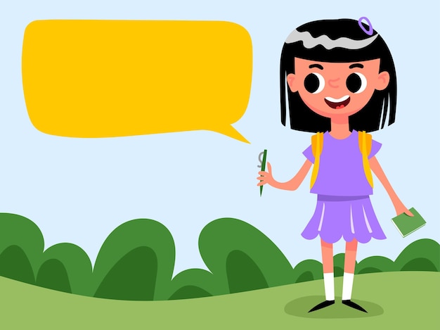 Schattige cartoon schoolmeisje met een tekstballon geïnteresseerd in biologie ecologie bosonderzoek