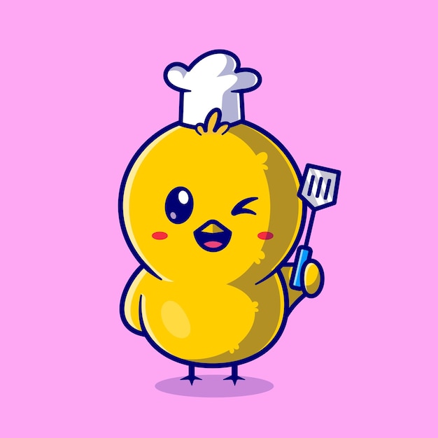 Schattige Chick Chef Holding Spatel Cartoon Vector Icon Illustratie. Dierlijke beroep pictogram Concept geïsoleerd Premium Vector. Platte cartoonstijl