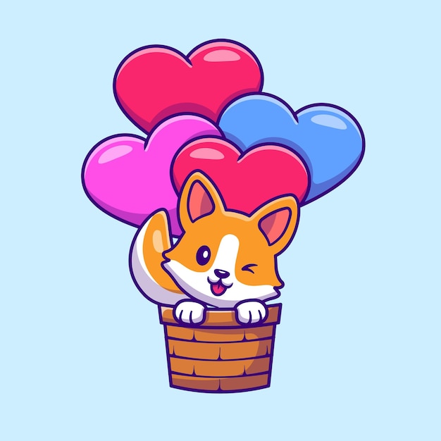 Schattige corgi dog flying with love balloon cartoon