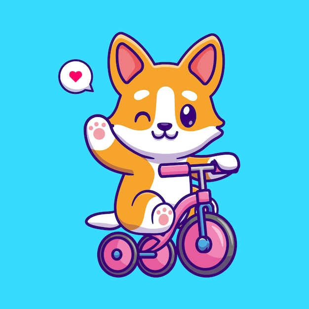 Schattige corgi hond fietsten en zwaaien hand cartoon vectorillustratie pictogram. dierenvervoer