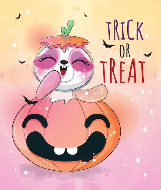 Gratis vector schattige dieren kleine luiaard met pompoen halloween illustratie - schattige dieren aquarel luiaard karakter