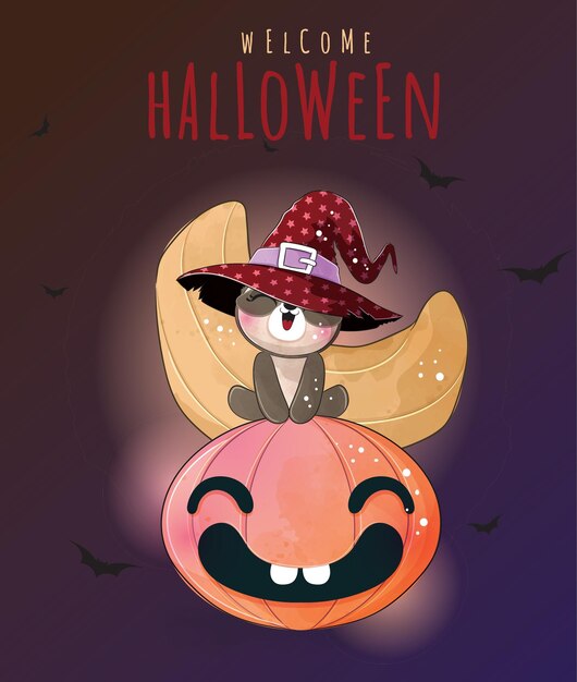 Schattige dieren kleine luiaard met pompoen Halloween illustratie - Schattige dieren aquarel luiaard karakter