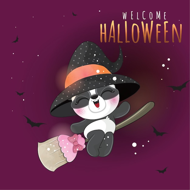 Schattige dieren kleine panda heks vliegen met bezem illustratie - Schattige dieren aquarel halloween