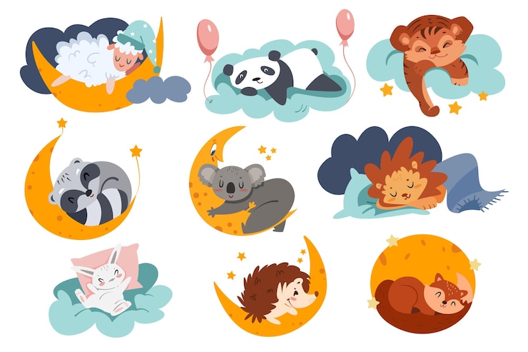 Gratis Vector schattige dieren slapen op wolken en maan