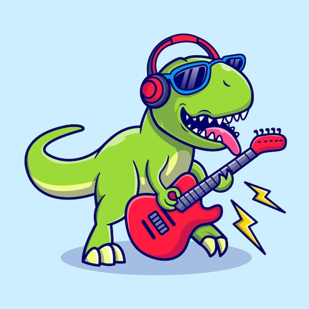 Gratis vector schattige dinosaurus gitaar spelen muziek cartoon vector pictogram illustratie dierlijke technologie pictogram geïsoleerd