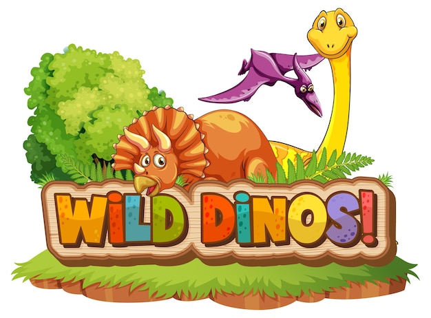 Schattige dinosaurussen stripfiguur met lettertype ontwerp voor woord Wild Dinos