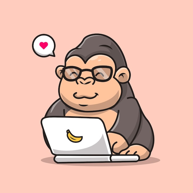 Schattige Gorilla bezig met Laptop Cartoon vectorillustratie pictogram. Dierlijke technologie pictogram geïsoleerd