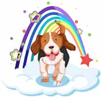 Gratis vector schattige hond op de wolk met regenboog
