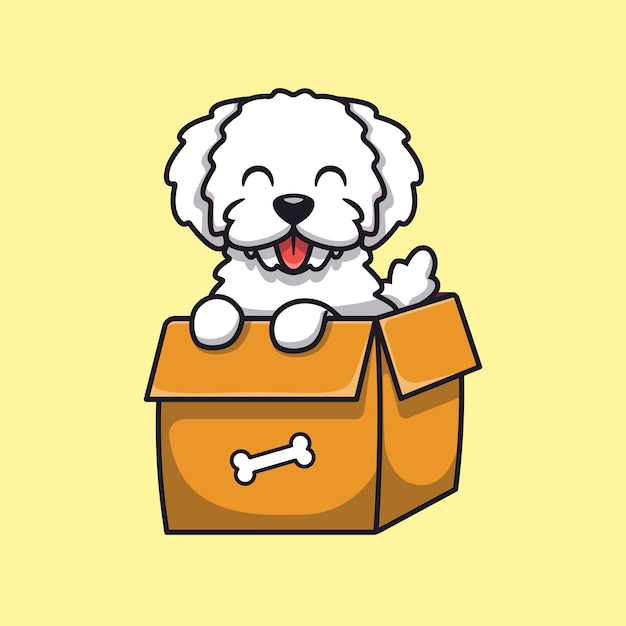 Gratis vector schattige hond spelen in doos cartoon afbeelding. dierlijke natuur concept geïsoleerd platte cartoon